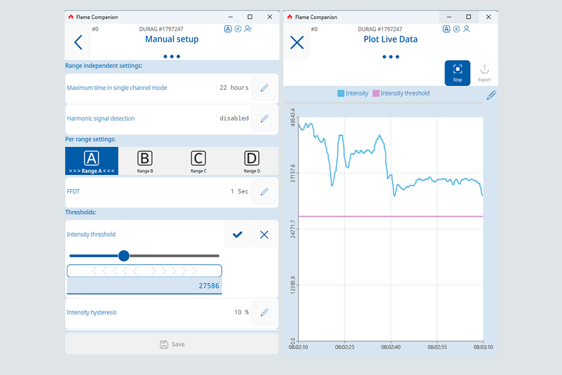 Screenshots from the Flame Companion app (manual setup, live data)