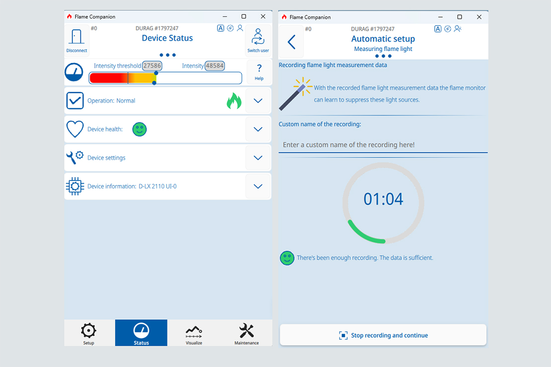 Screenshots from the Flame Companion app (device status, automatic setup)
